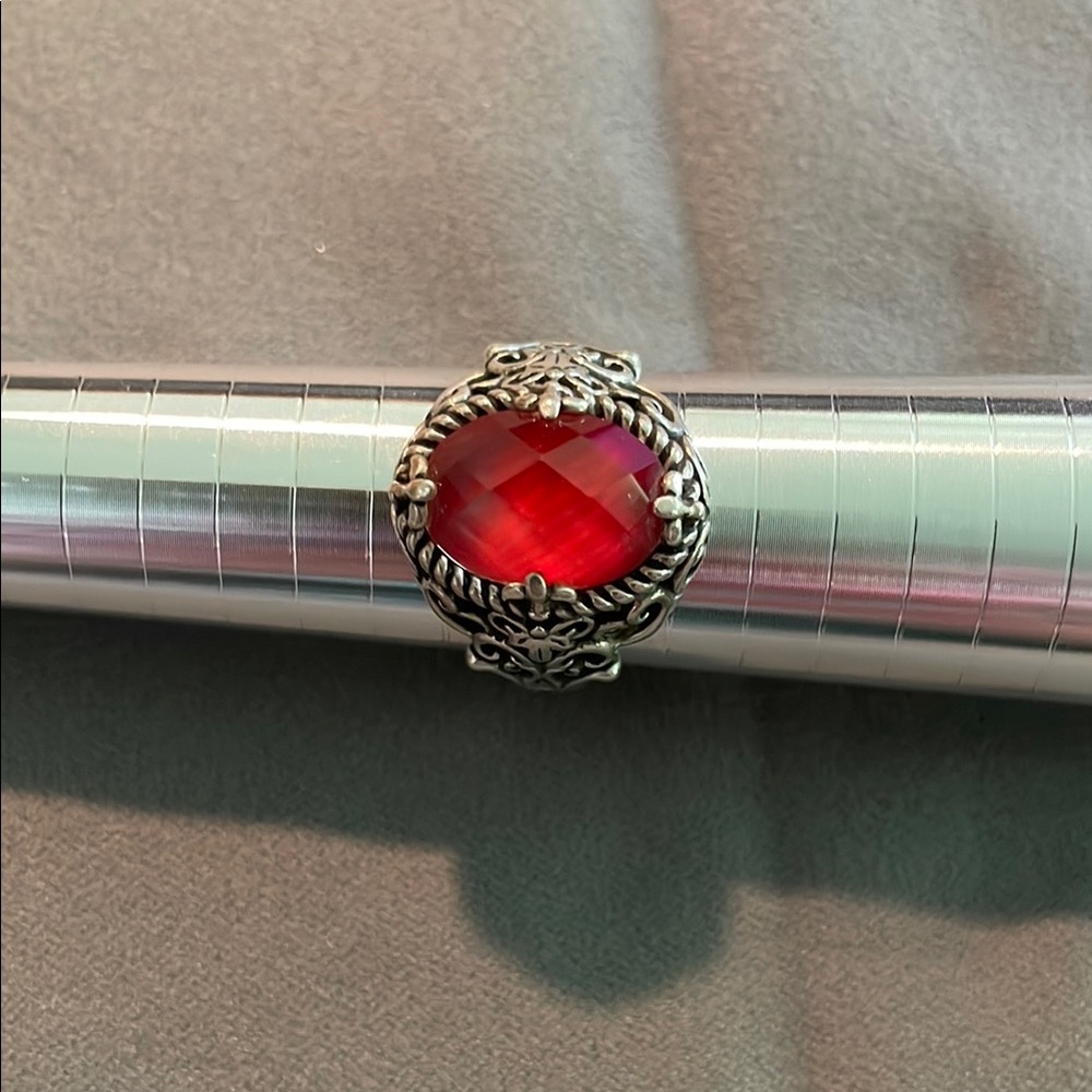 Ornate Red and Silver Filigree Ring - Picture 2 of 2